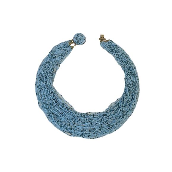 1980s Blue 36 Strand Seed Bead Demi Parure Torsade Choker & Clip On Earrings - Picture 3 of 10
